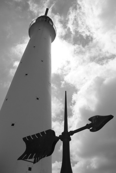 A black and white photo of the Gibbs Lighthouse in Bermuda