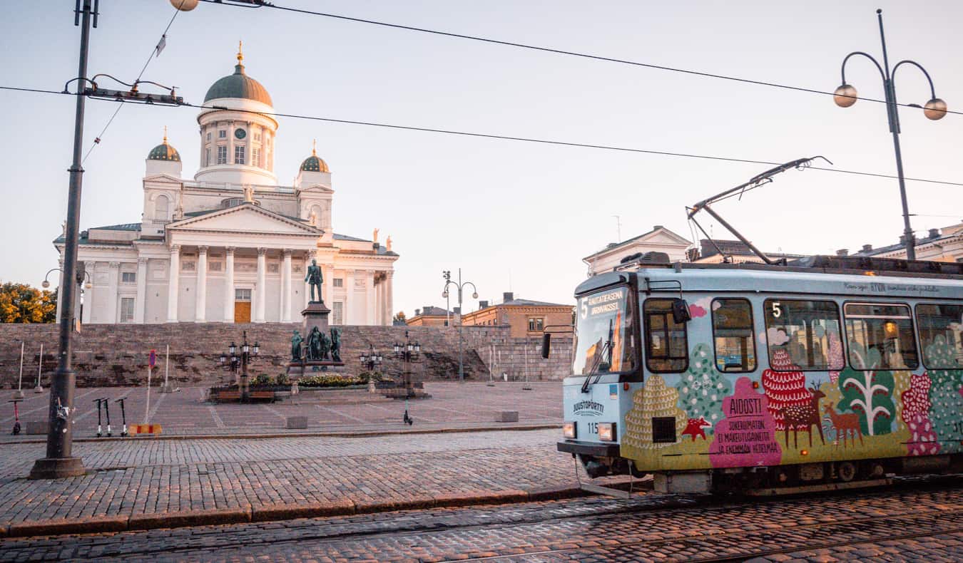 Downtown Helsinki, Finland near the cathedral with a tram in the foreground