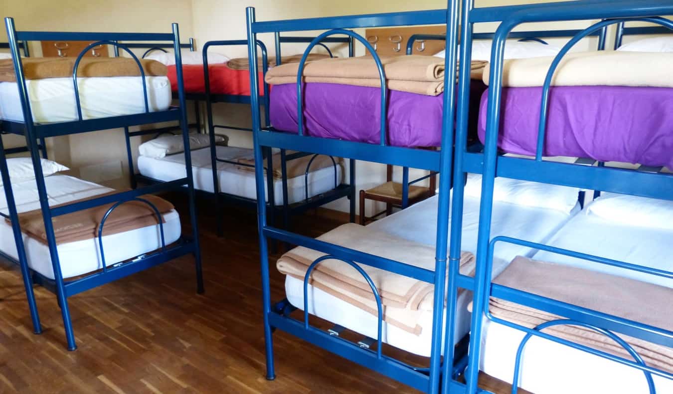 an hostel dorm full of bunk beds