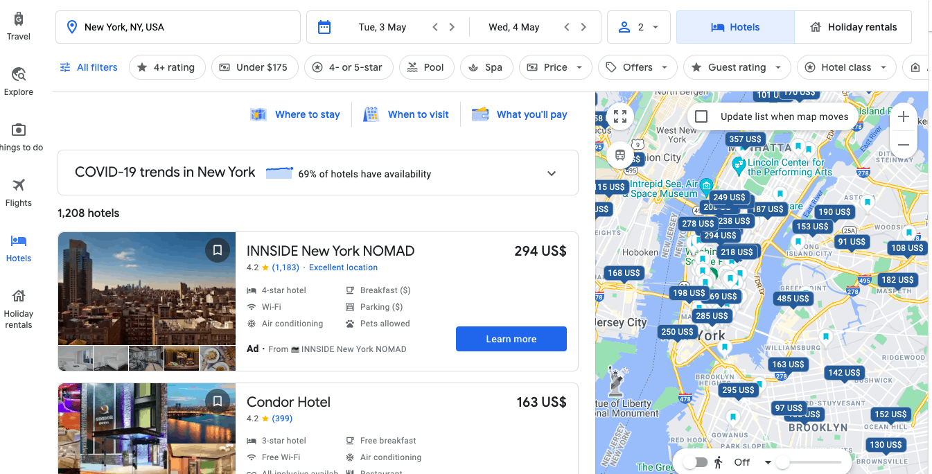 A screenshot for booking a hotel on Google