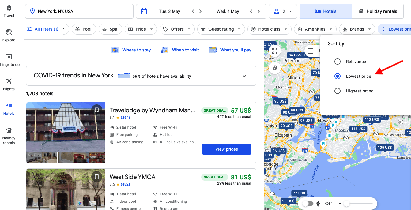 Una captura de pantalla para reservar un hotel en Google