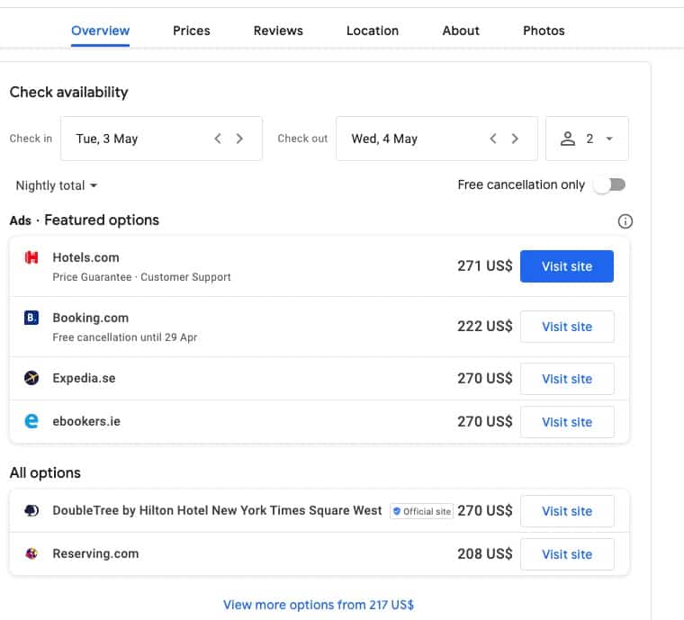 A screenshot for booking a hotel on Google