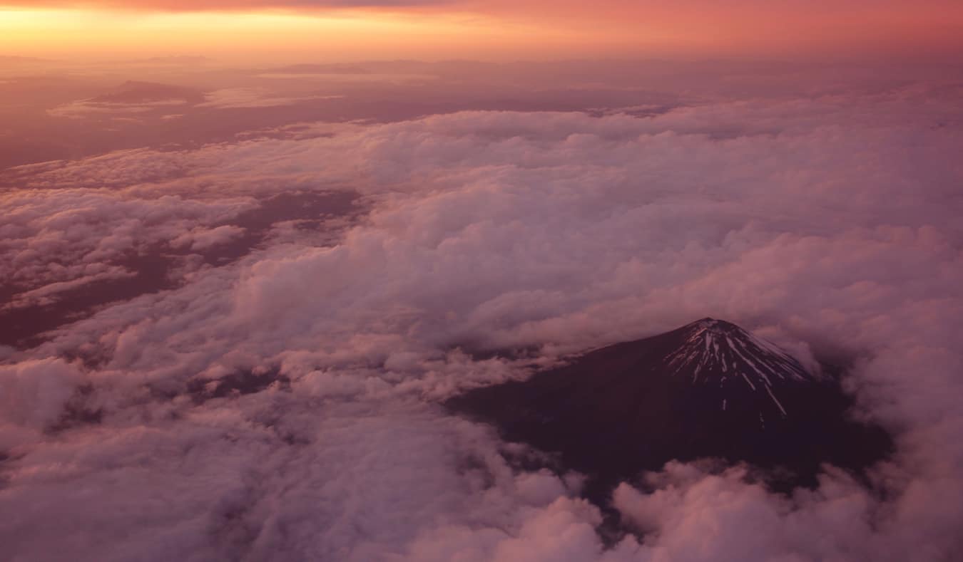 Mount Fuji at sunrise as seen from a plane