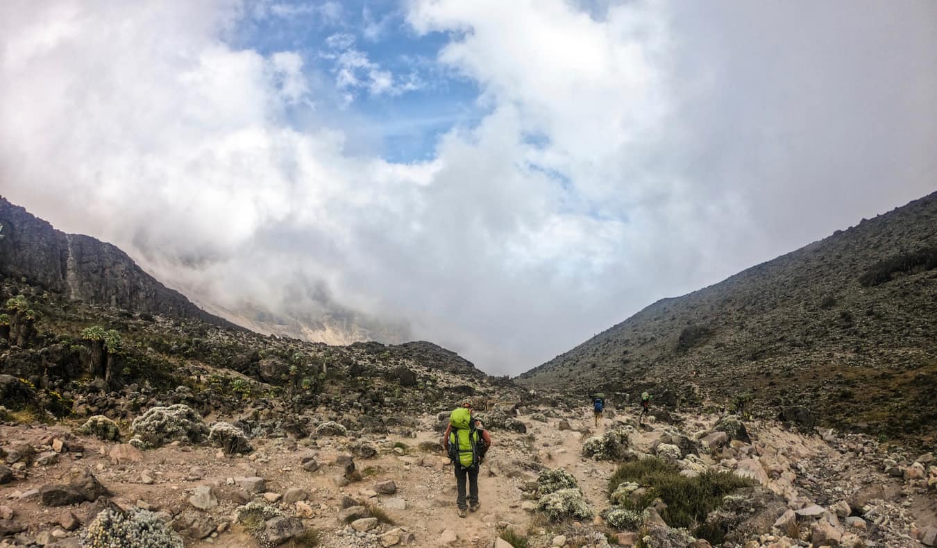 人们沿着乞力马扎罗山众多路线中的一条徒步旅行