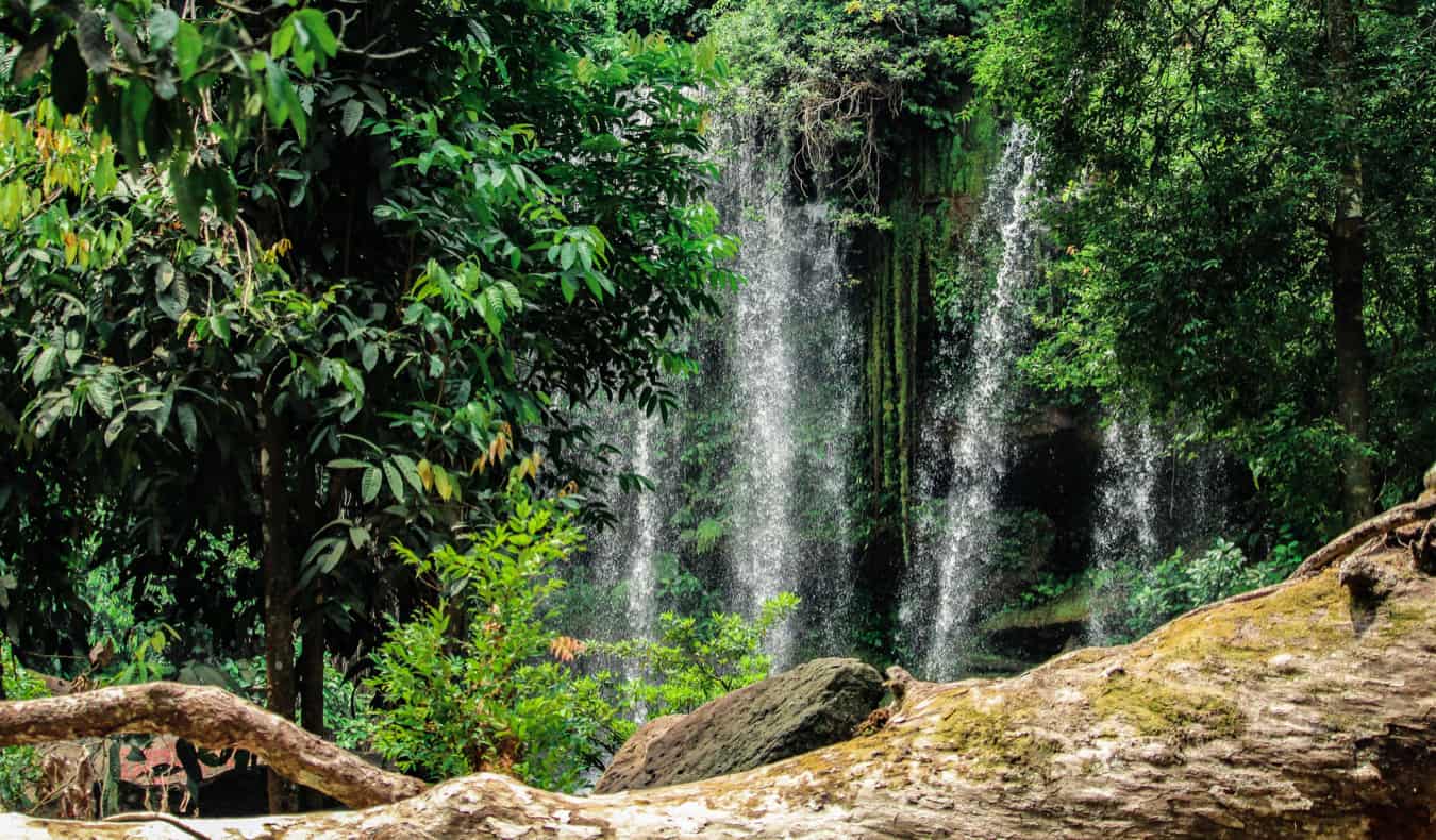 A tall waterfall in the middle of a lush jungle in Phnom Kulen, Cambodia