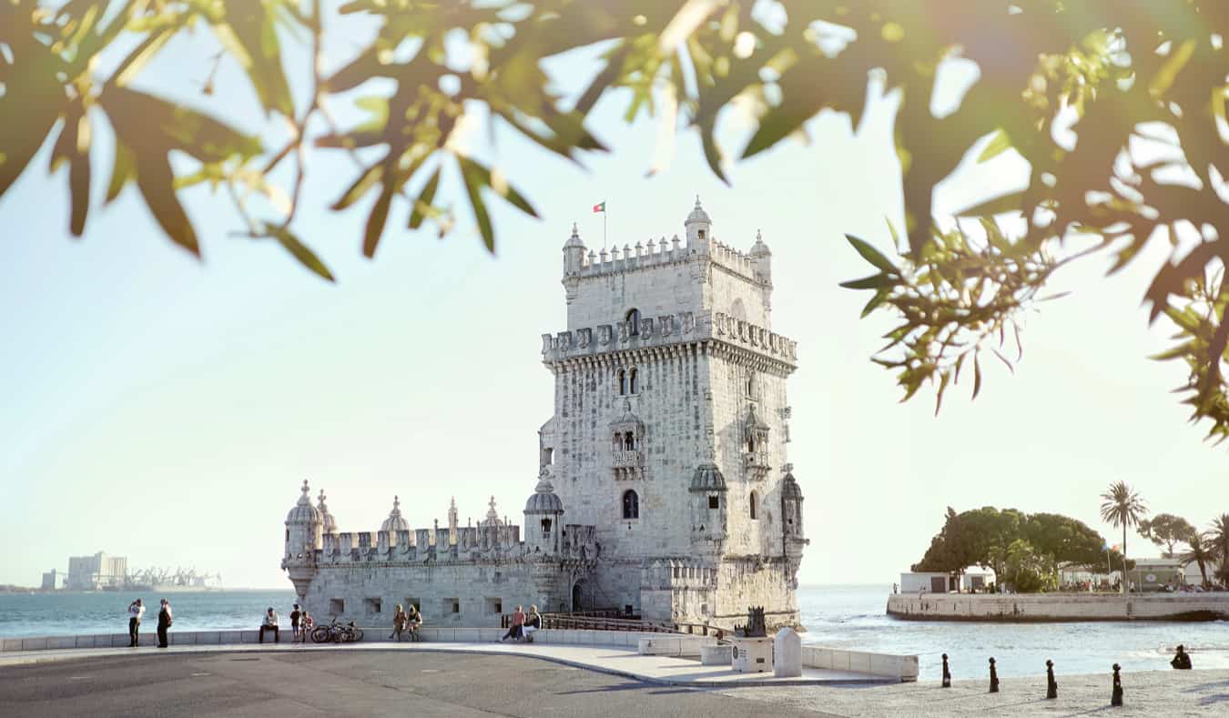 A lone coastal tower on the edge of the Belem neighborhood in Lisbon, Portugal