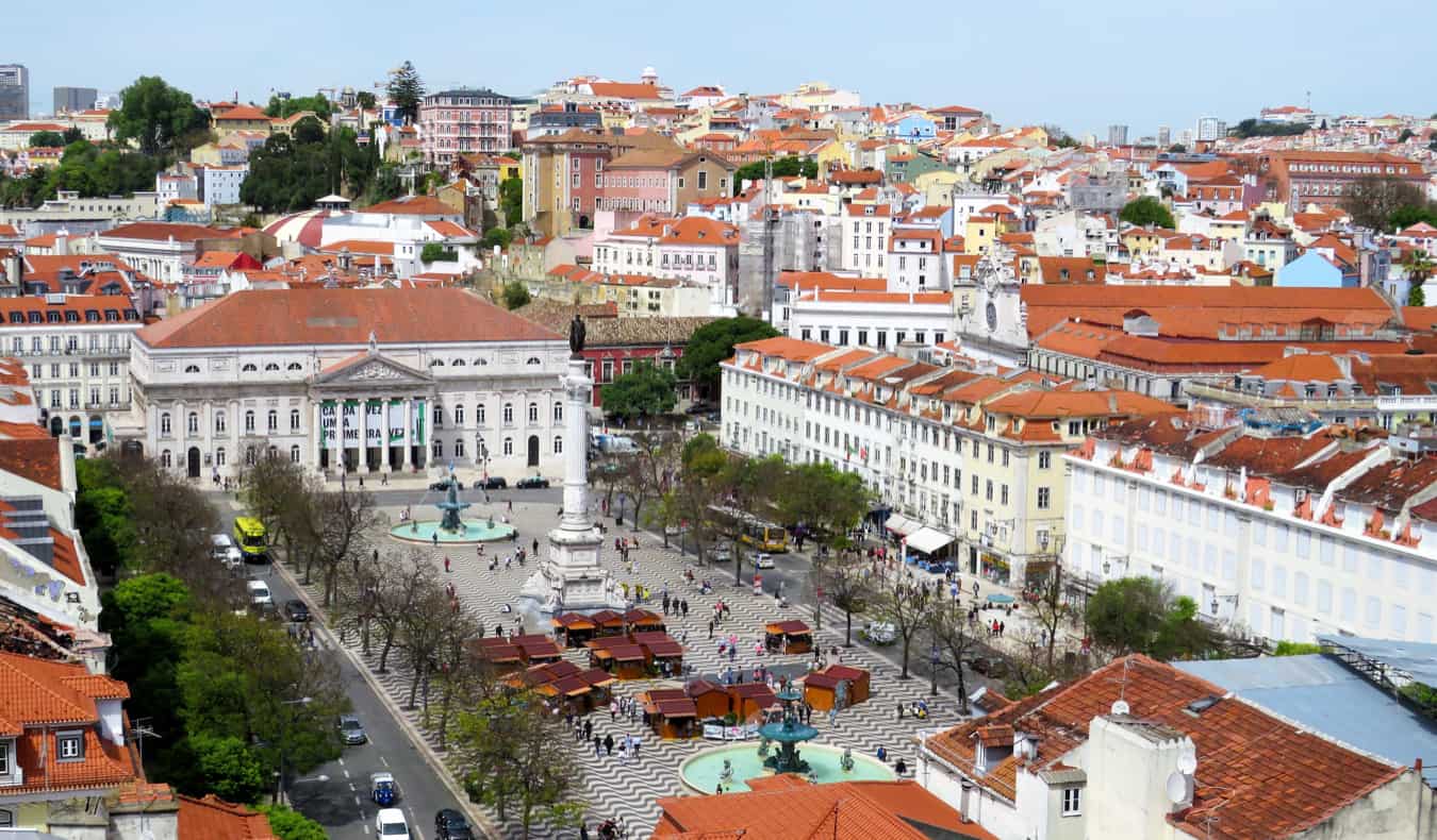 The view overlooking Rossio Square in Lisbon, Portgual on a busy day