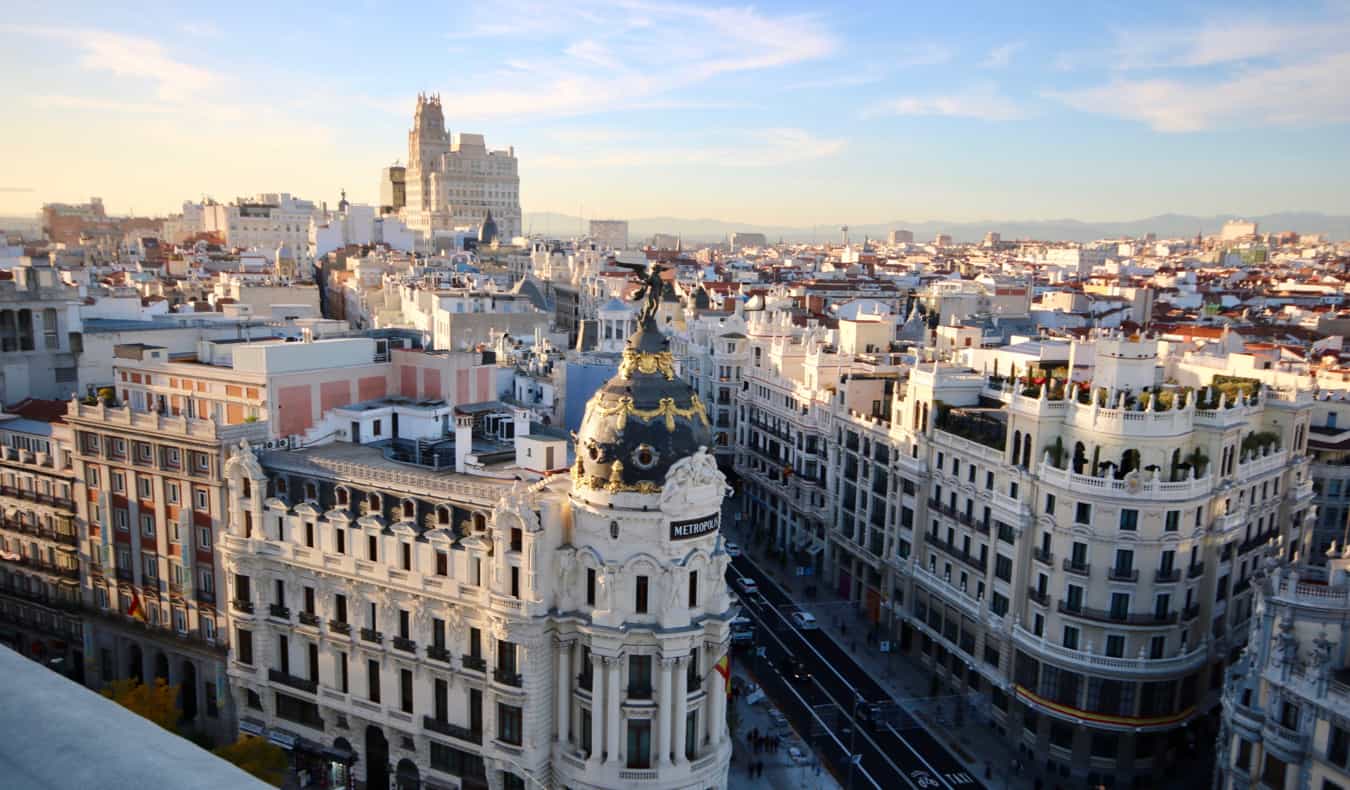 The historic city center and skyline of Madrid, Spain on a bright day