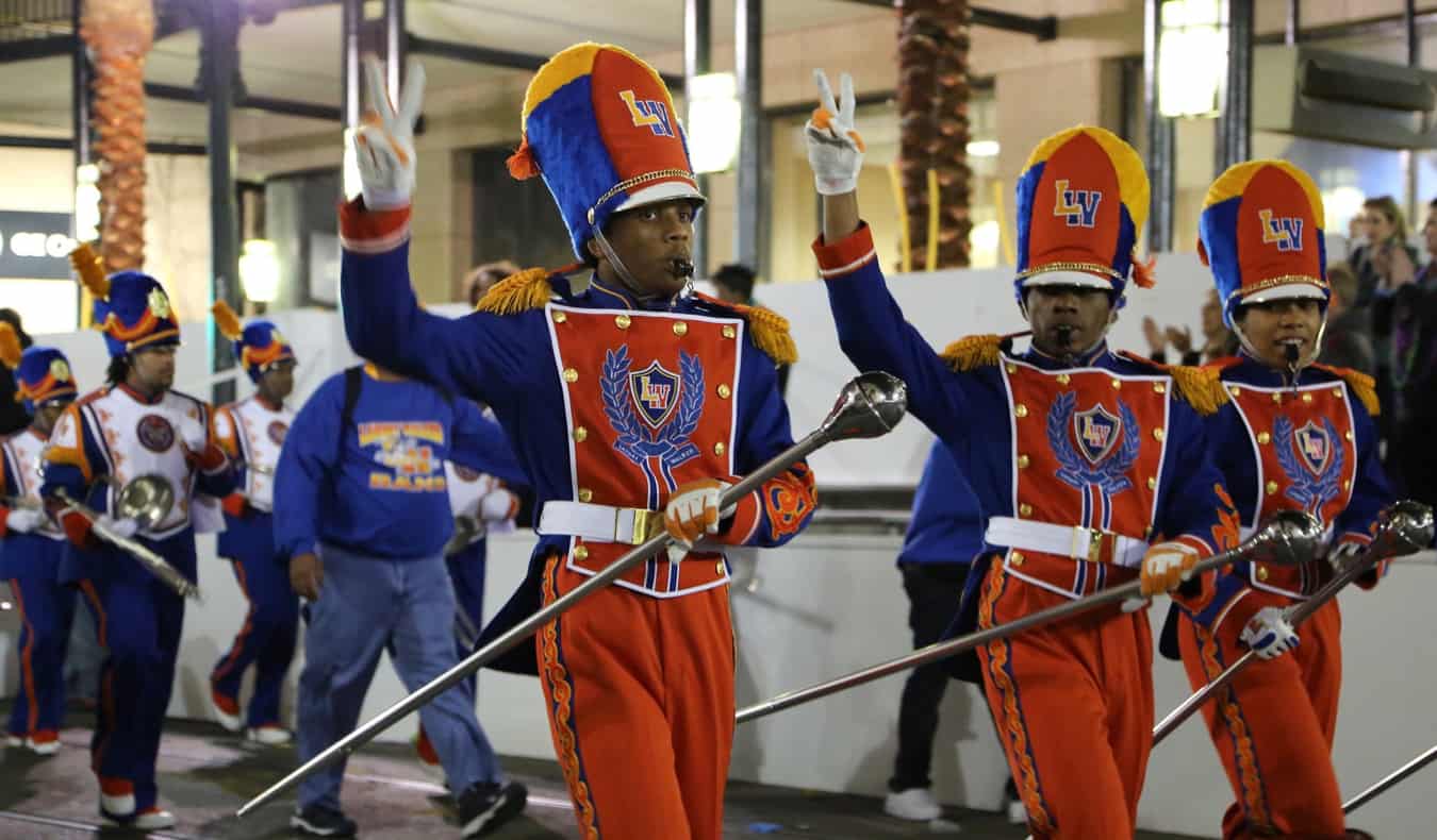 A band performing during the Mardi Gras parade in NOLA