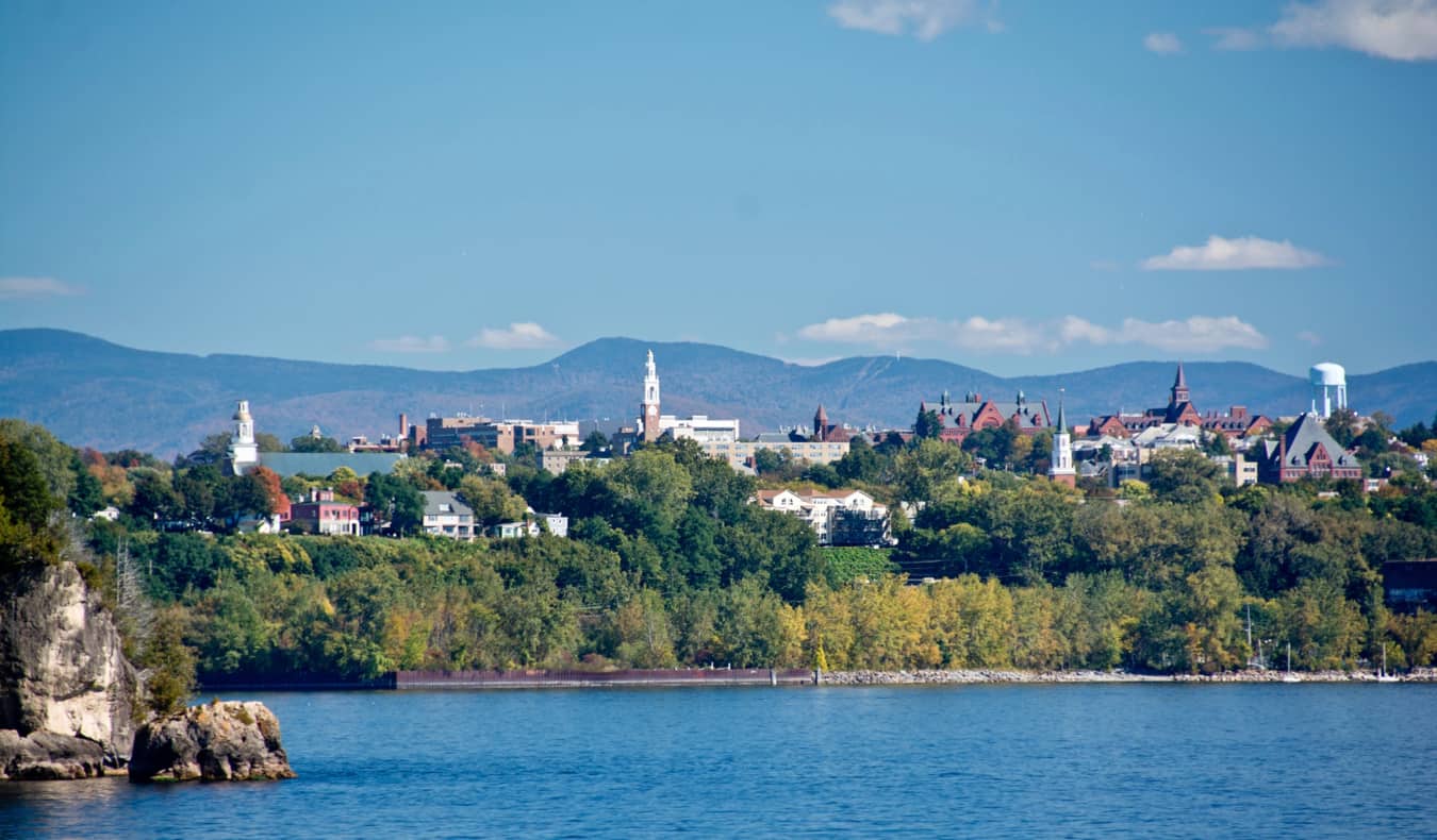 The skyline of Burlington, Vermont as seen from over the lake