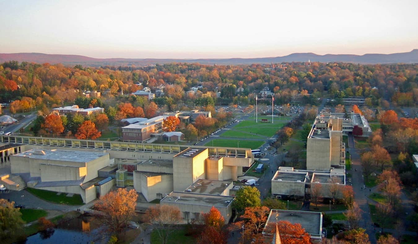 An aerial view of the UMass campus in Amherst, Massachusetts