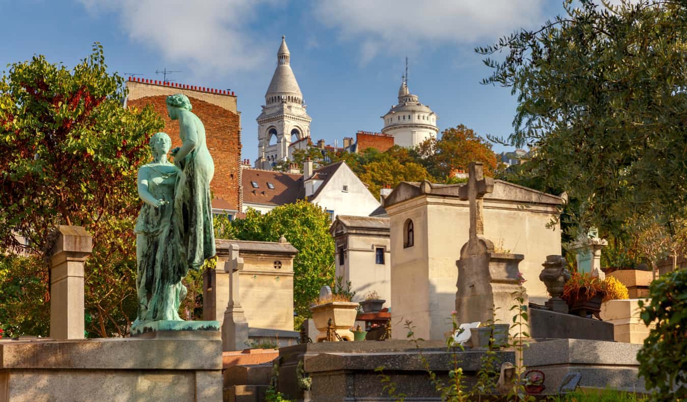 Tombs and graves in the old Montmartre cemetery in Paris, France