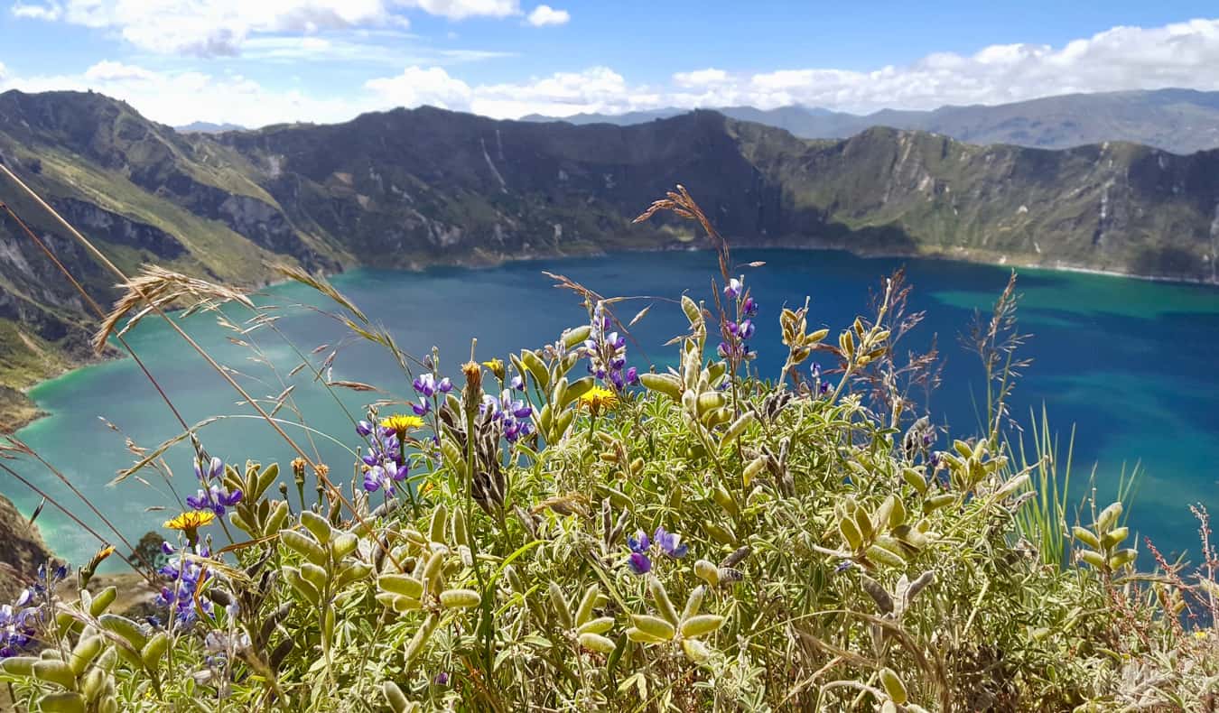 The massive volcanic crater lake Laguna Quilotoa near Quito, Ecuador