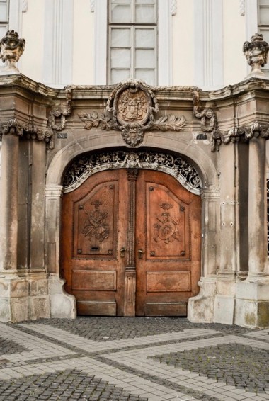 The doors to the Brikenthal Museum in Sibiu, Romania