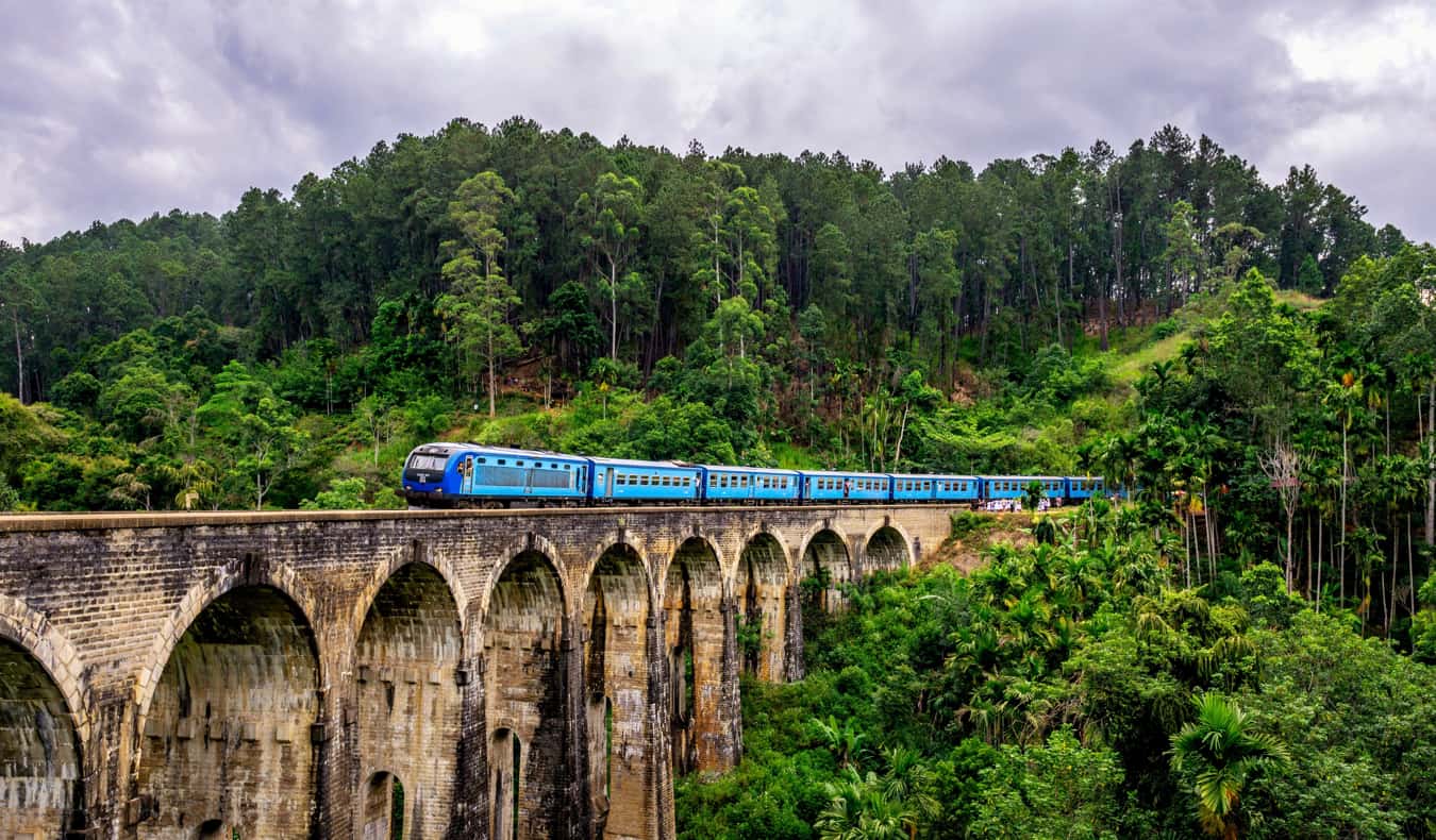 A train in Sri Lanka surrounded by lush jungle