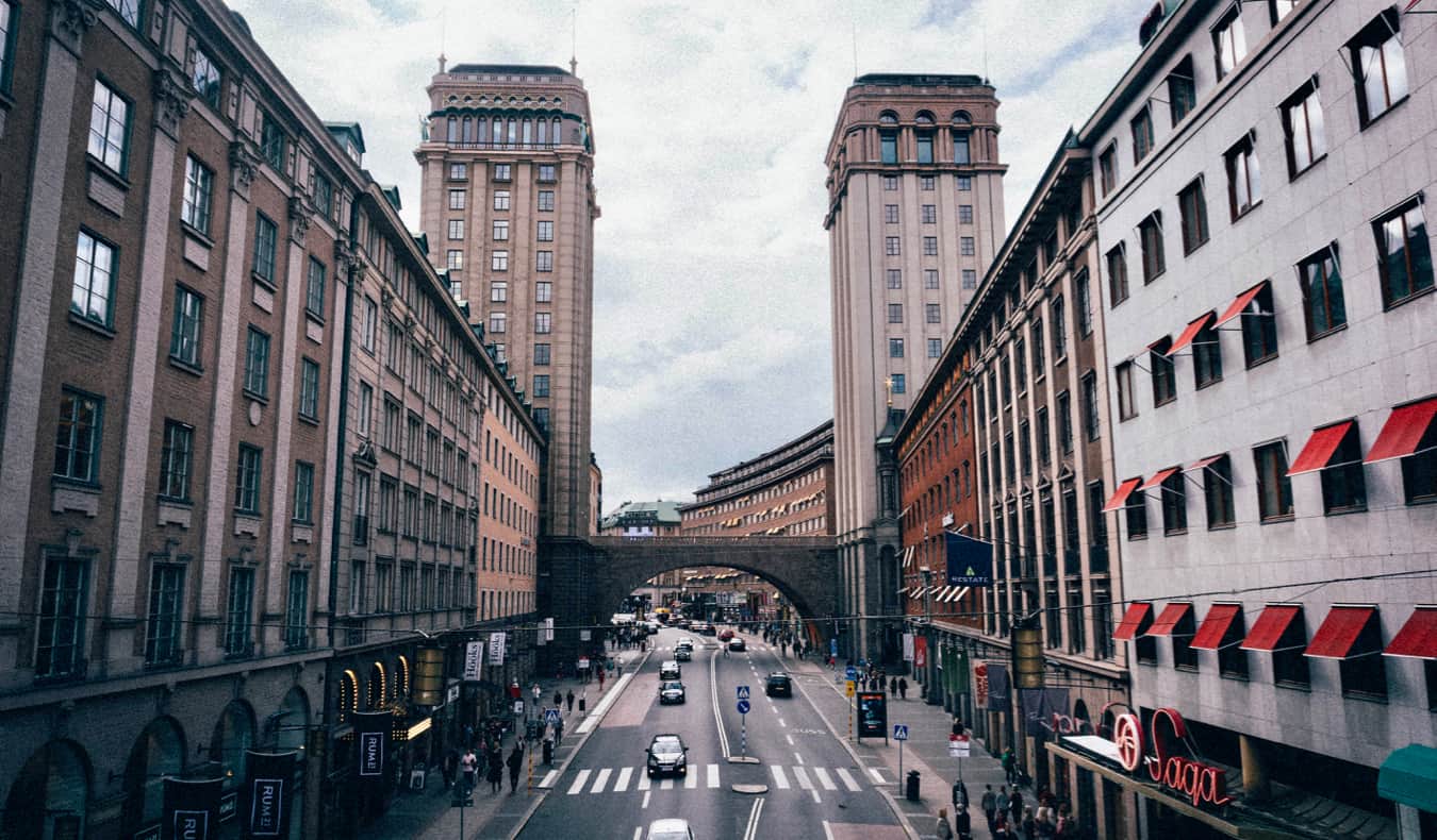 A busy shopping street in the Norrmalm district of Stockholm, Sweden