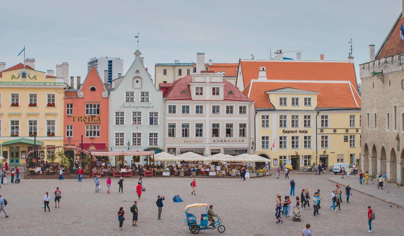 People shopping and relaxing in the Old Town of Tallinn, Estonia