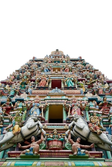 close up of colorfully carved Sri Mahamariaman Hindu Temple)