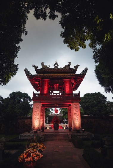 Red temple of literature at night