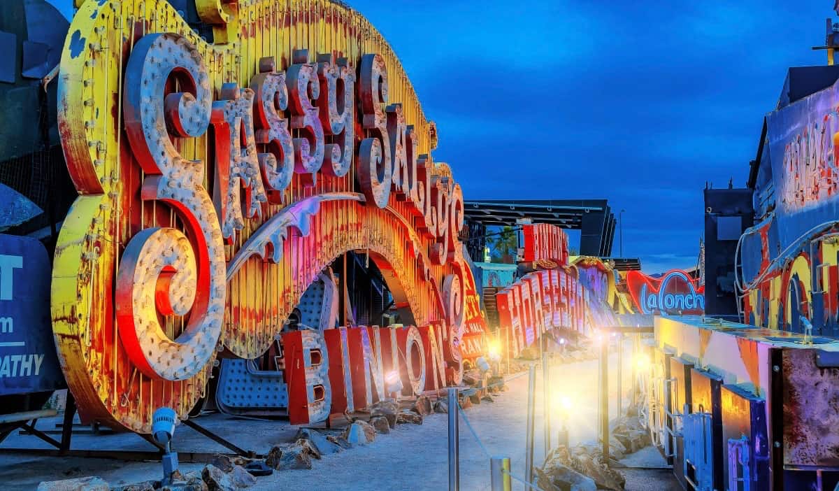 The lights and signs of the Neon Museum at night in Las Vegas, Nevada