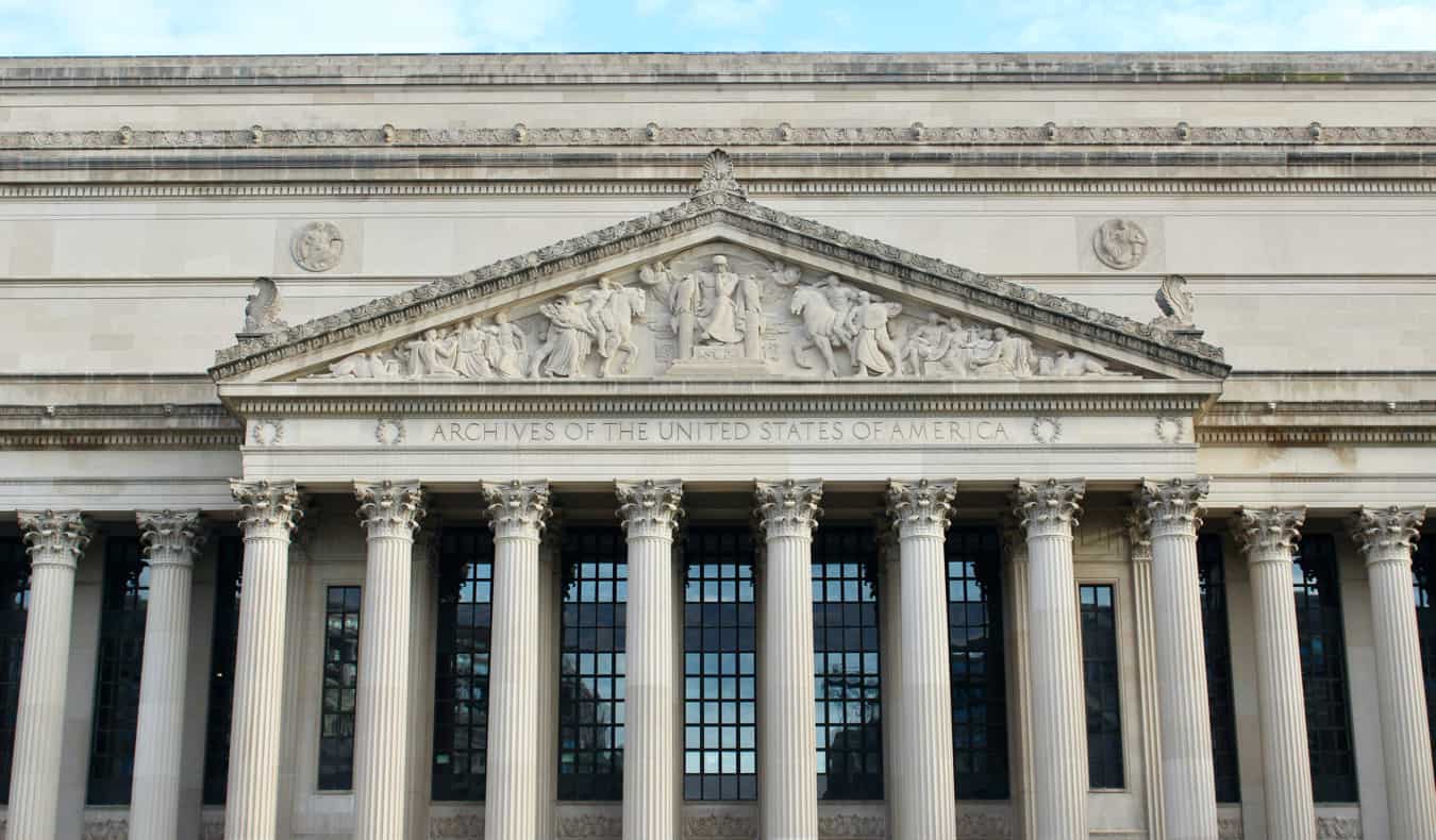 The exterior of the National Archives in Washington, DC