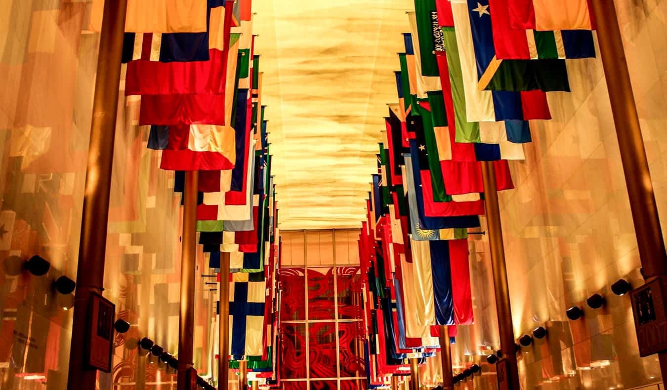 Flags inside the JFK Performing Arts Center in Washington, DC