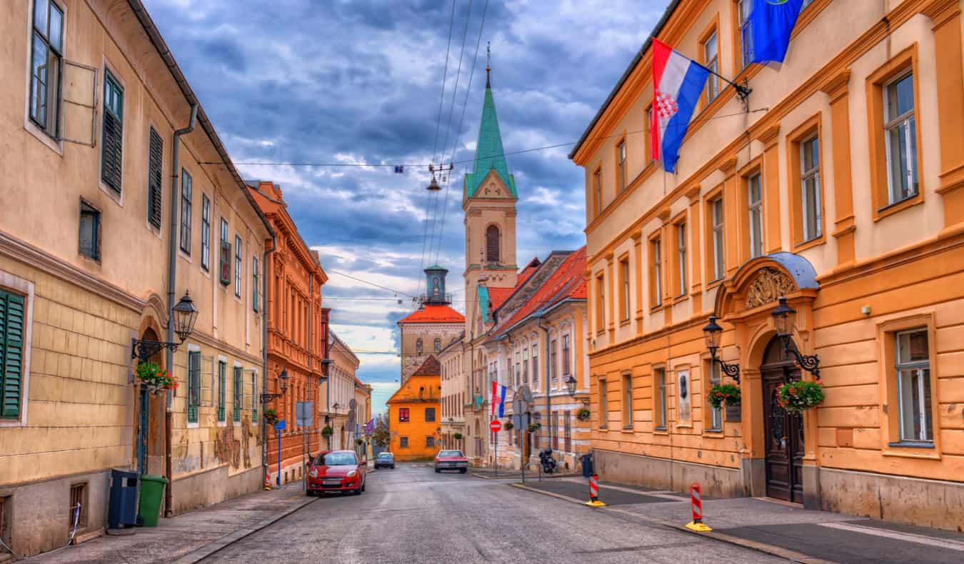 Colorful old buildings on a narrow street in Zagreb, Croatia