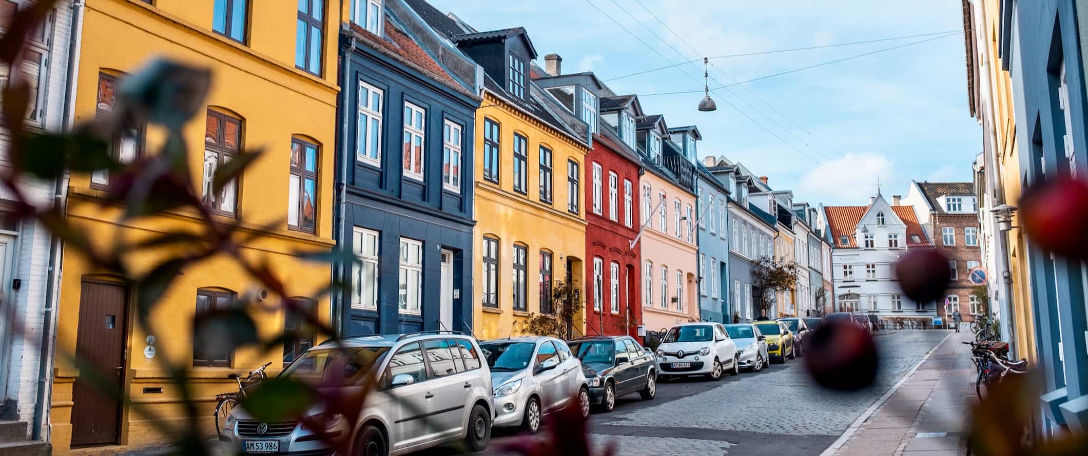 Colorful homes on a quiet street in Aarhus, Denmark