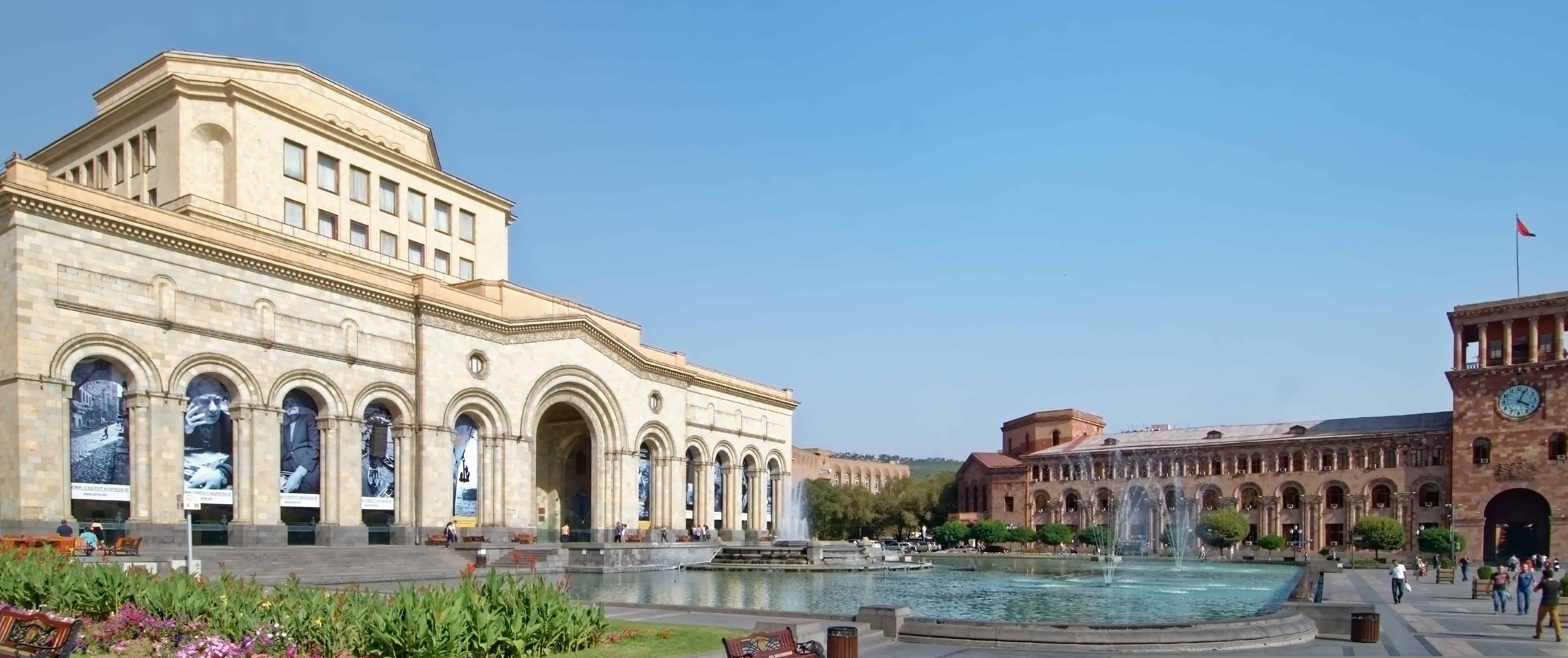 Republic Square, a central square with a large fountain, surrounded by historic buildings, in Yerevan, Armenia