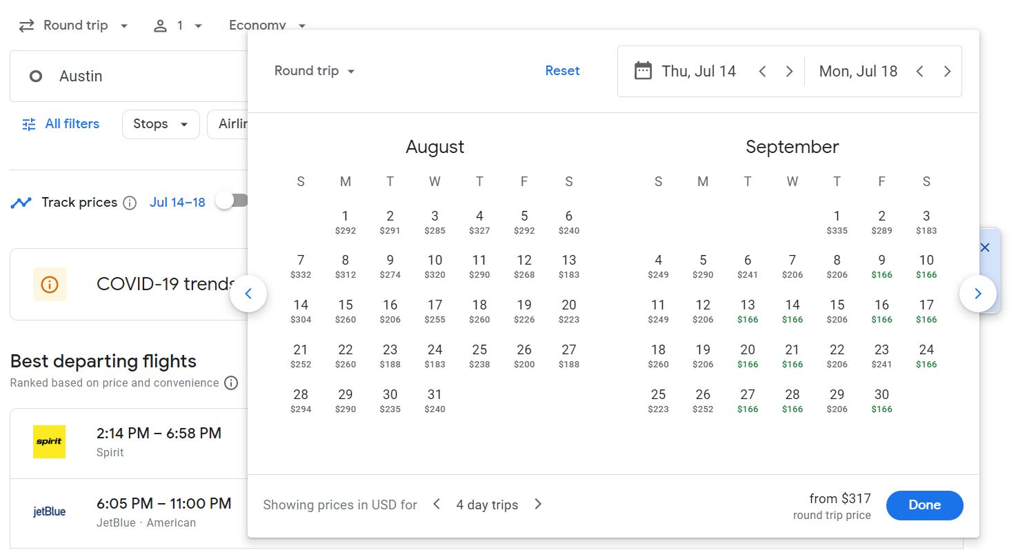 谷歌航班搜索从奥斯汀到纽约的截图，显示2个月的日历视图。