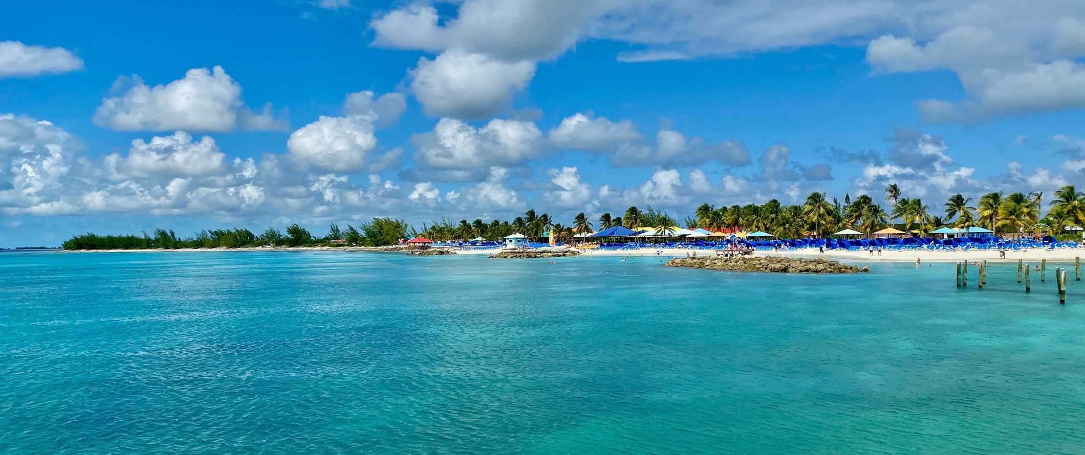 Huts along the beach lined with palm trees in the Bahamas