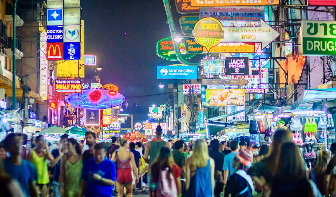 The lively, bustling, and crowded street of Khao San Road in Bangkok, Thailand at night