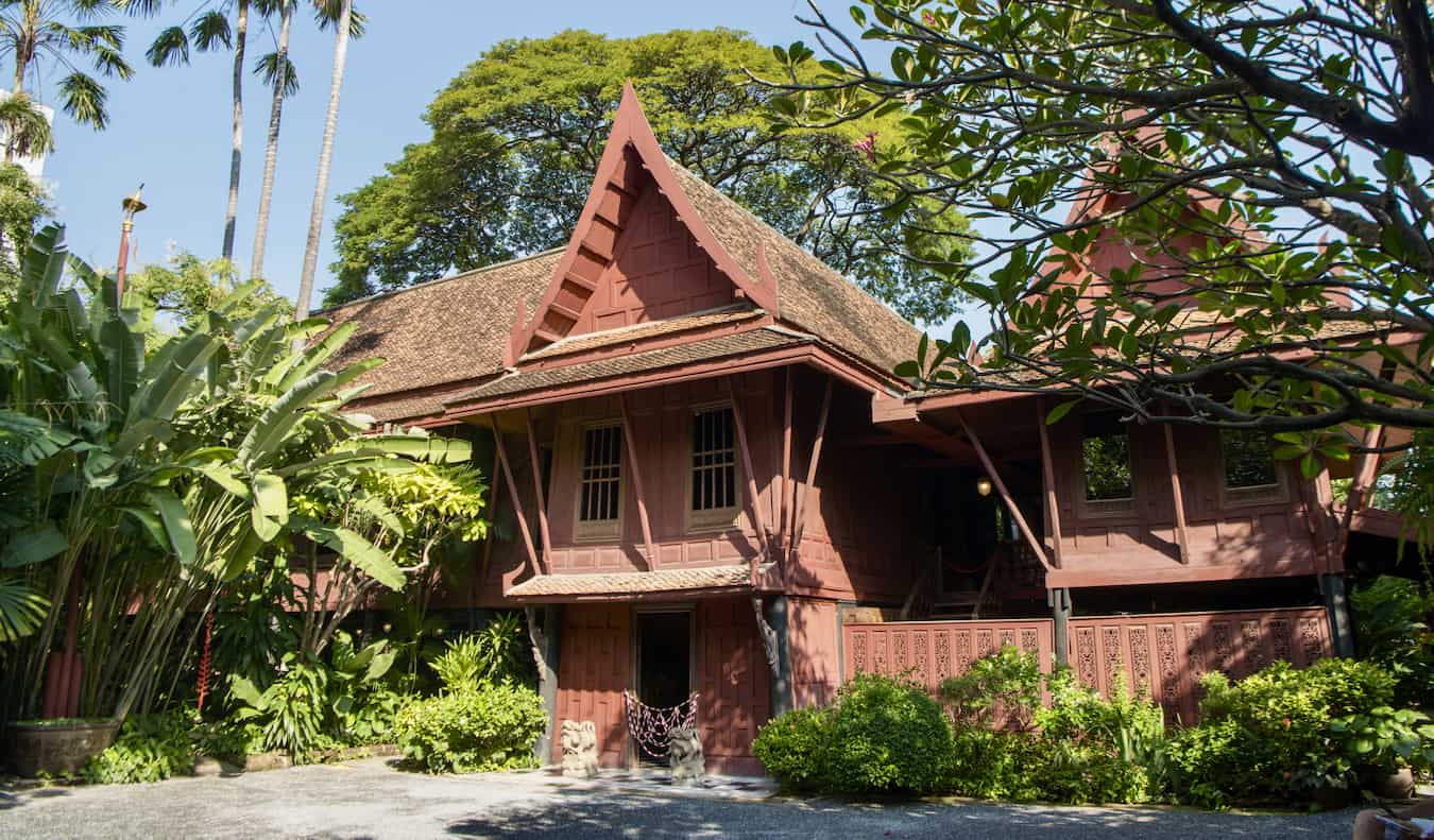 The wooden exterior of Jim Thompson's House in a quiet area of Bangkok, Thailand