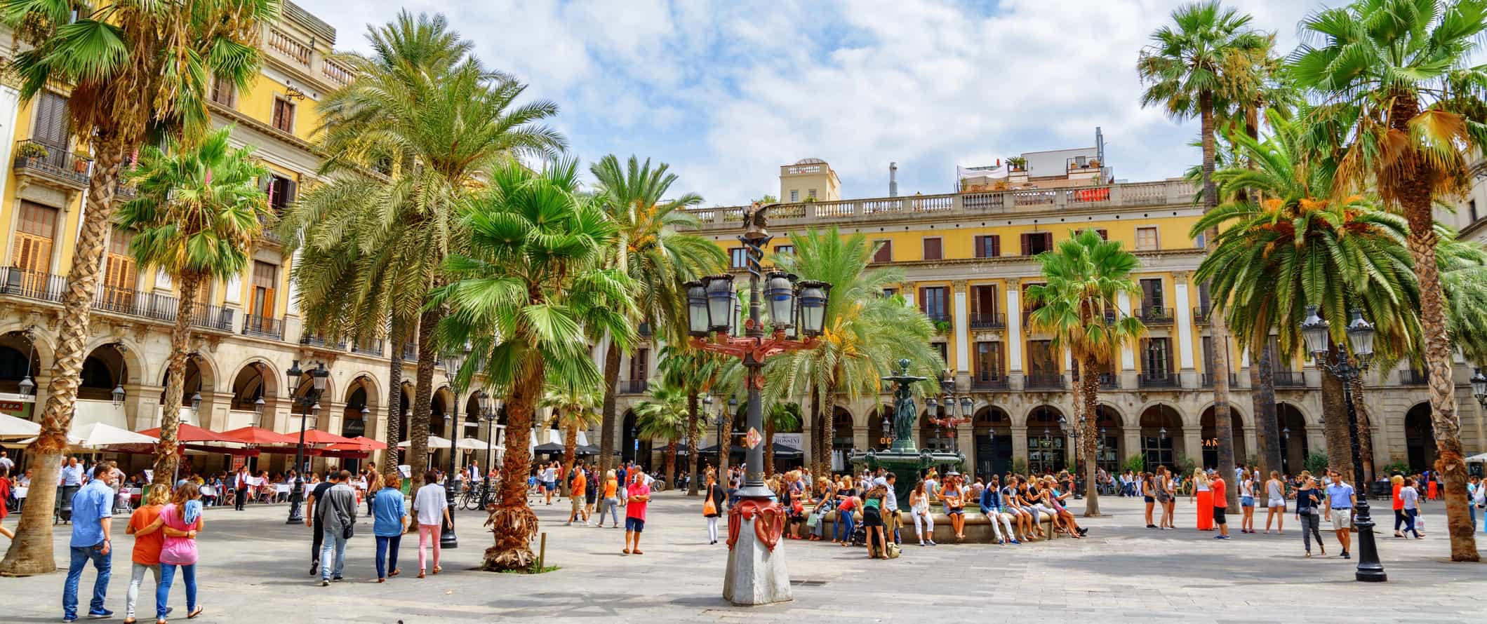 A large plaza square in the Gothic Quarter of Barcelona, Spain in the summer