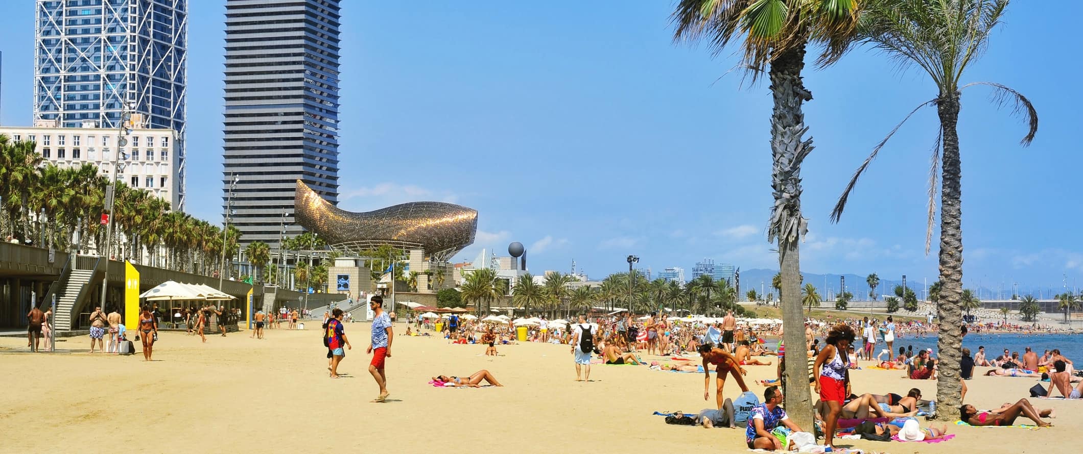 People relaxing on the famous Barcelona beach in Barcelona, Spain in the summer