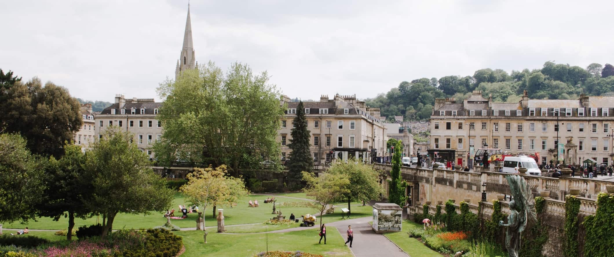 View over a park and townhouses in the background in Bath, England