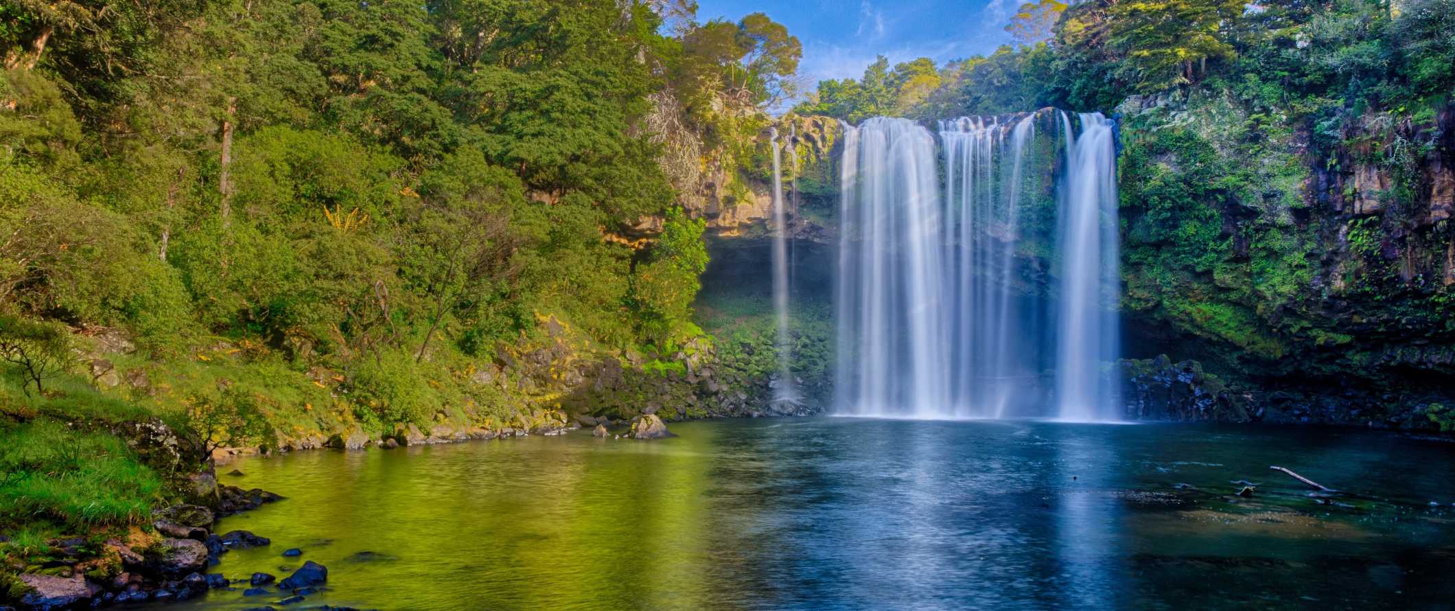 Rainbow Falls, a picturesque waterfall leading into a large pool in the forest in the Bay of Islands, New Zealand