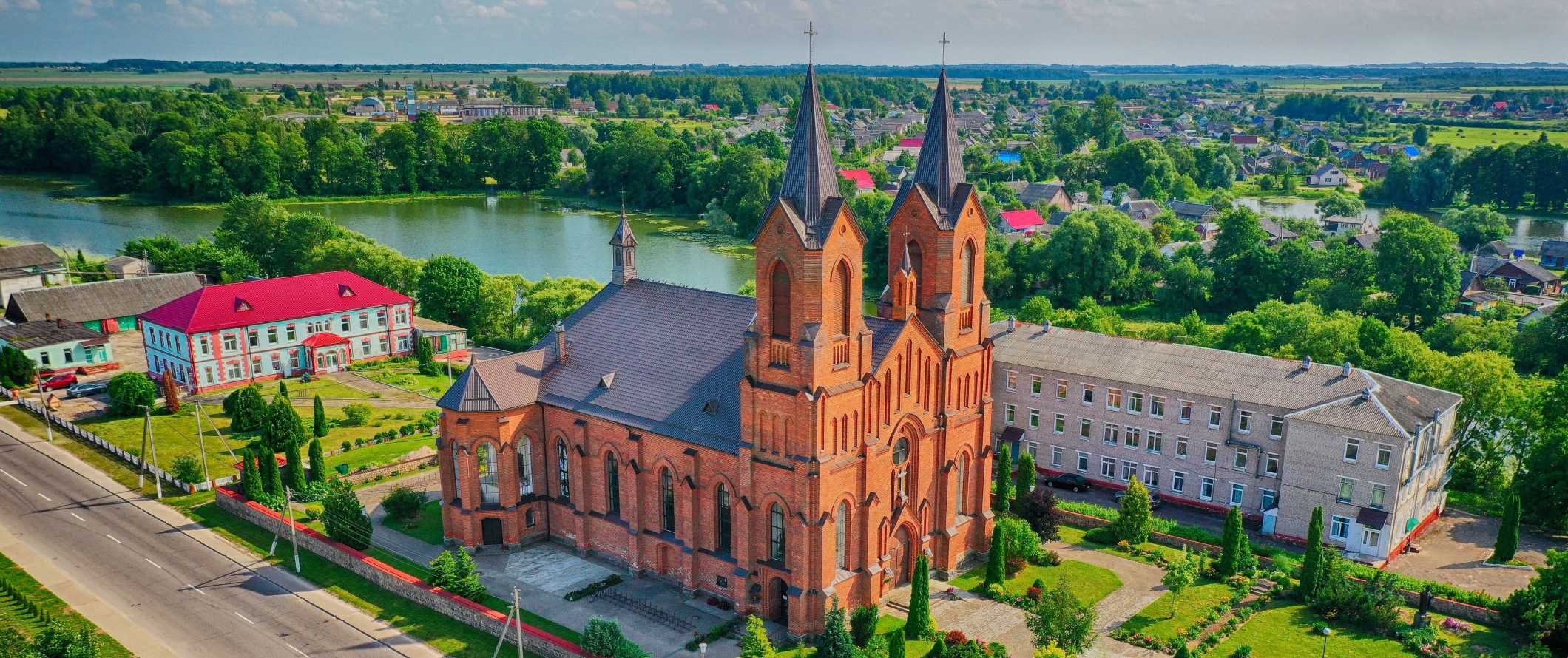 Drone view of red brick church in Belarus
