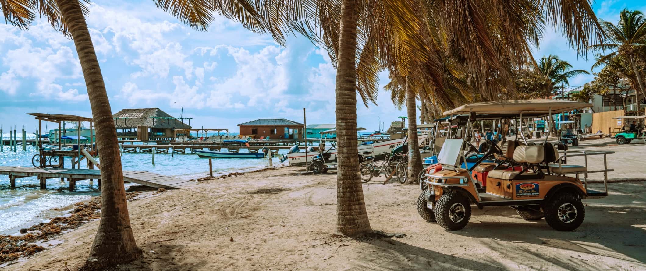 Golf carts under palm trees on the beach in Belize