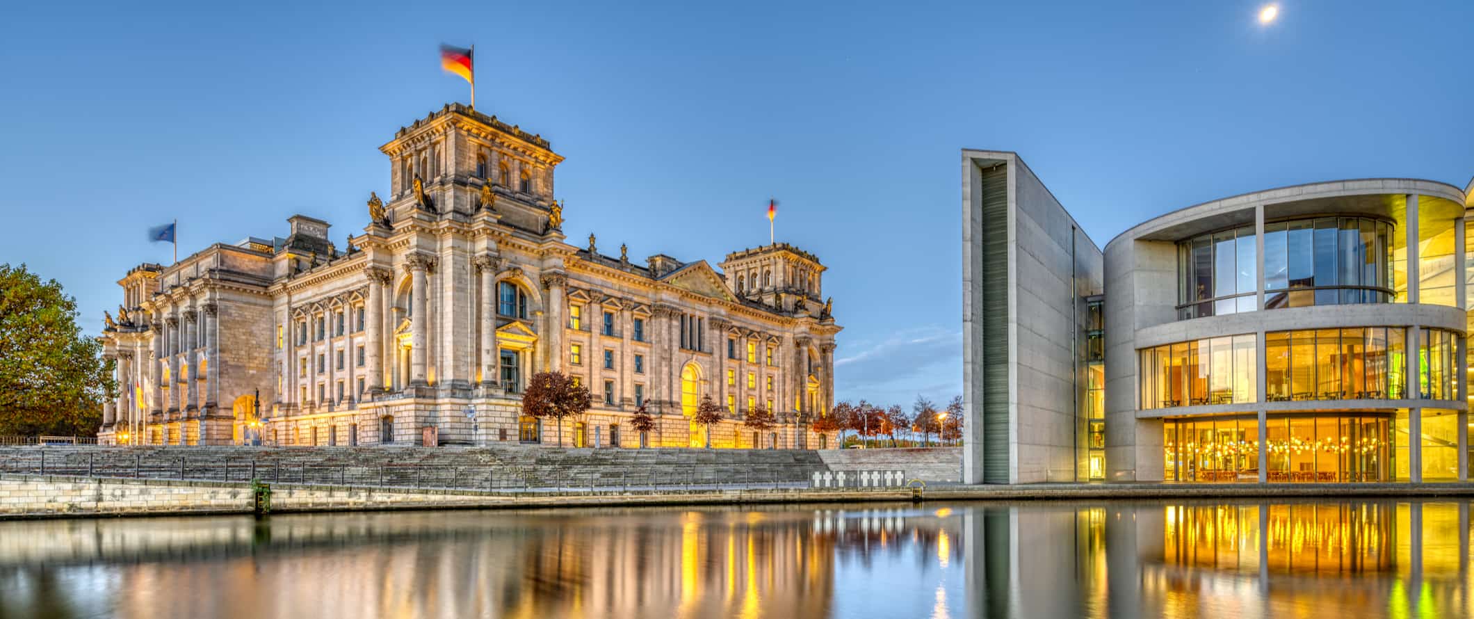 The Reichstag in Berlin, Germany as seen from the water nearby
