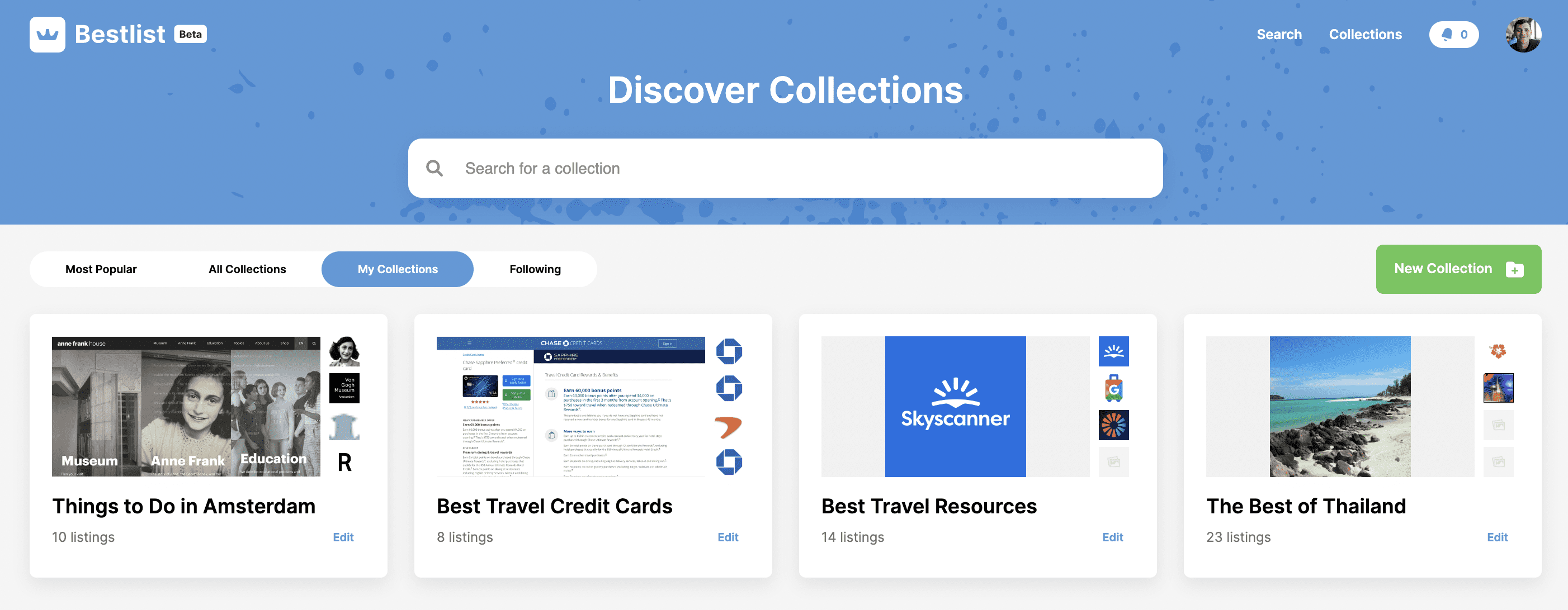 A screenshot of Nomadic Matt's travel collections on Bestlist.com