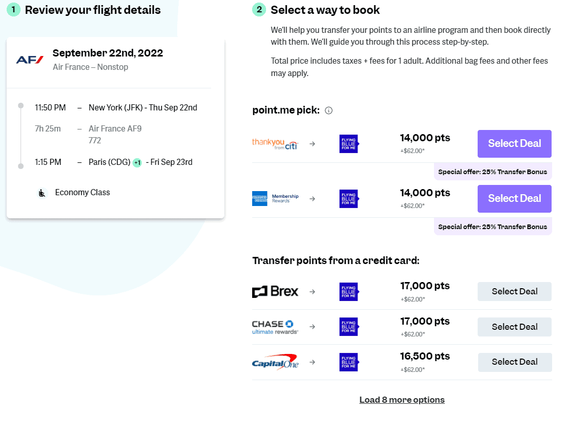 从JFK到CDG的航班信息以及你可以用来预订航班的各种奖励计划。