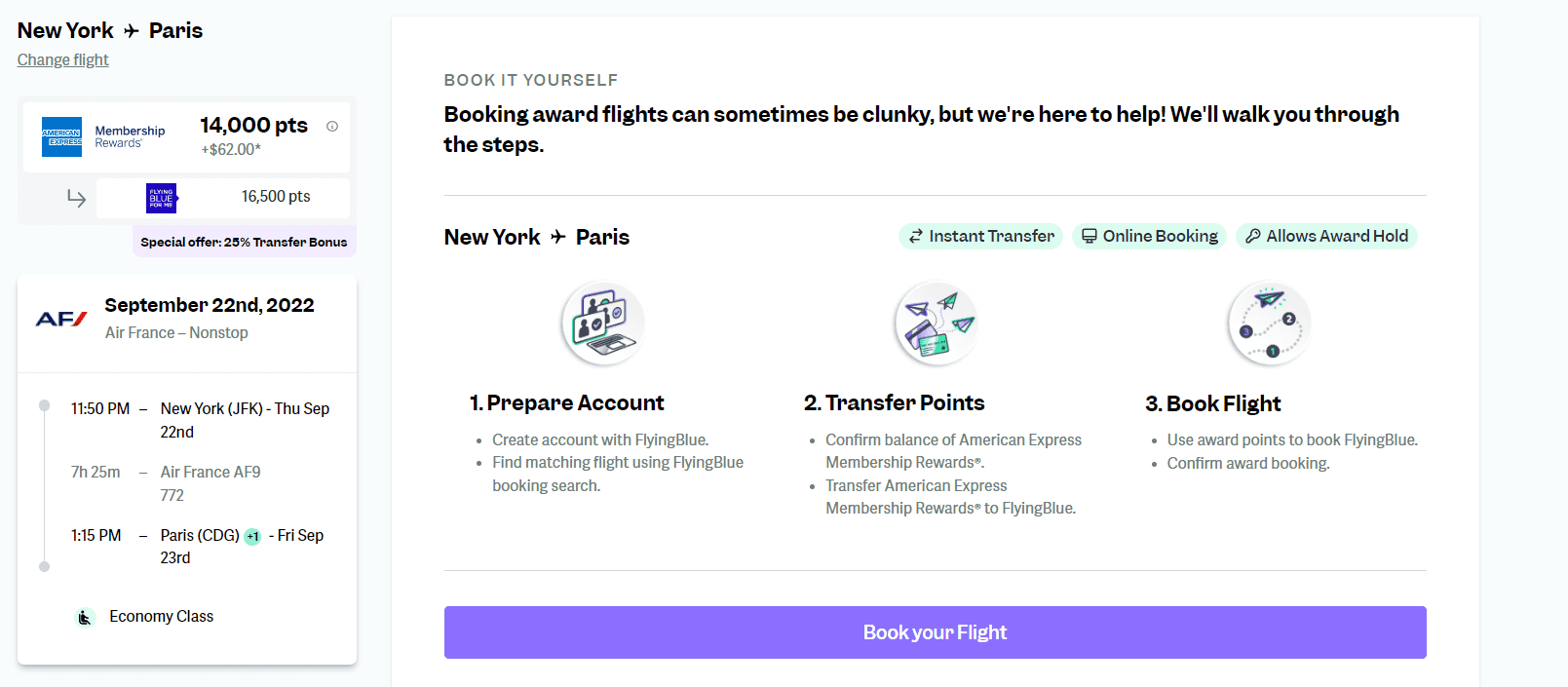 Screenshot on point.me showing flight details from JFK to CDG and a 3-step breakdown of the booking process.