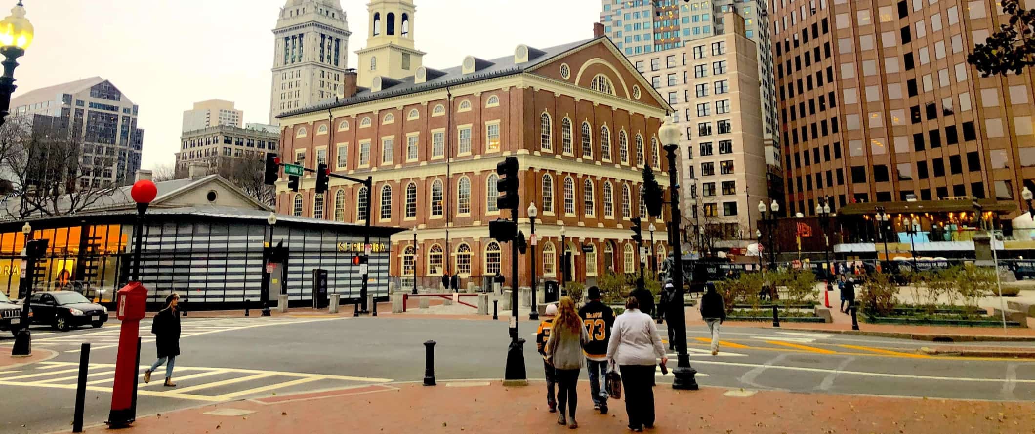 People walking around downtown Boston, Massachusetts.