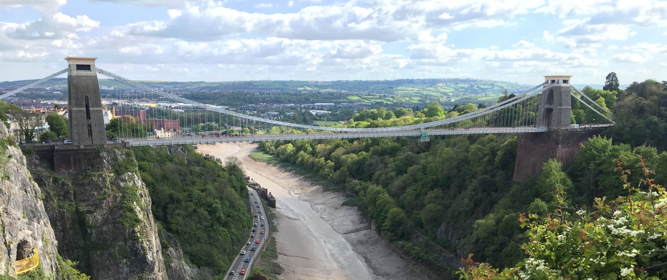 View over the Clifton Suspension Bridge over the river in Bristol, England