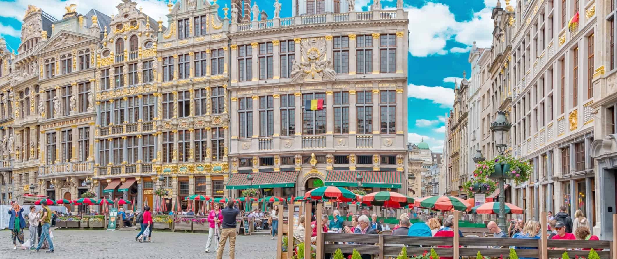 The historic Grand Place plaza with gilded art nouveau buildings in Brussels, Belgium