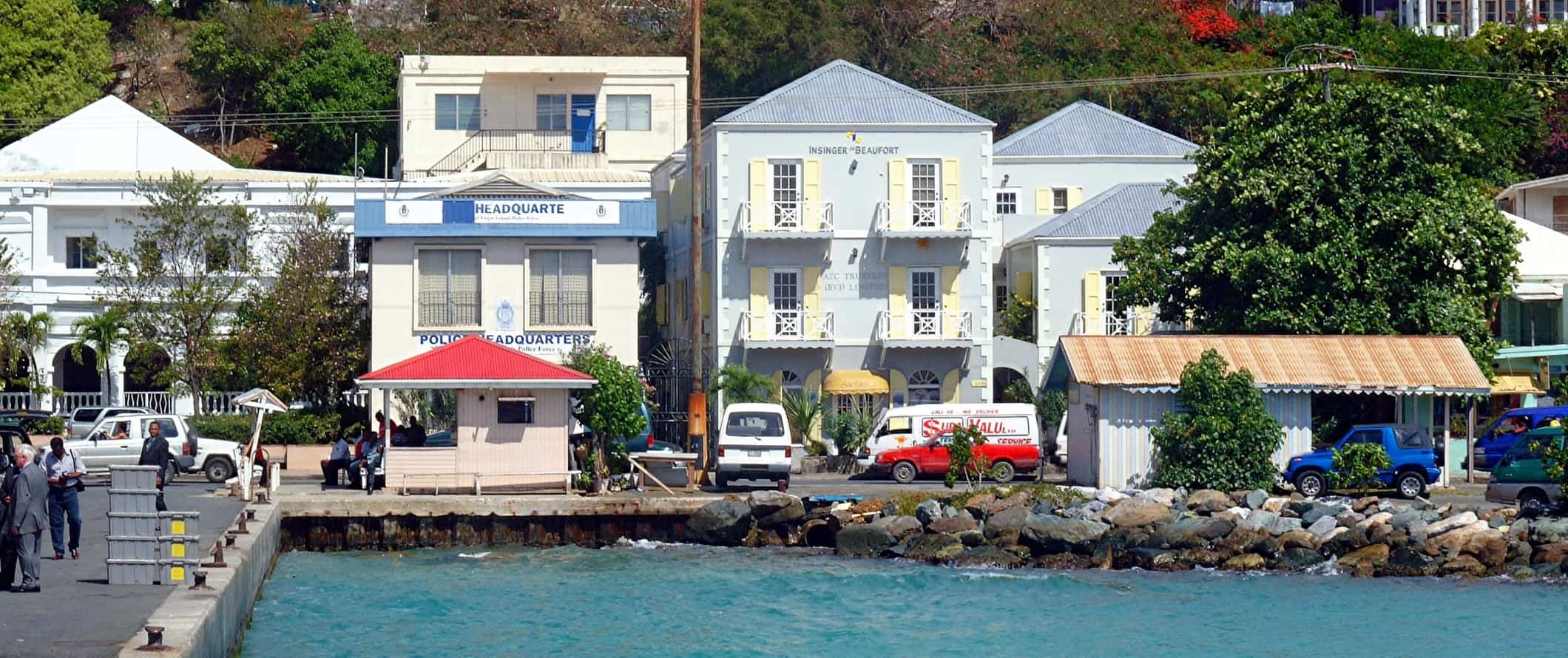 Pastel-colored houses along the waterfront in the British Virgin Islands