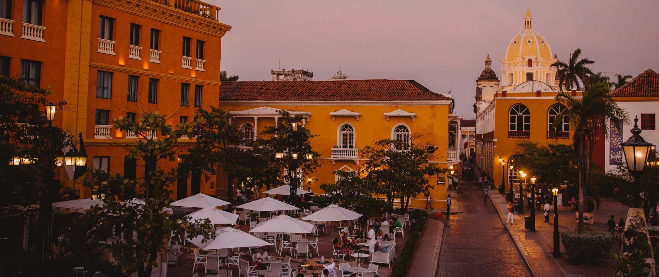 A square in the old town of Cartagena, Colombia at sunset