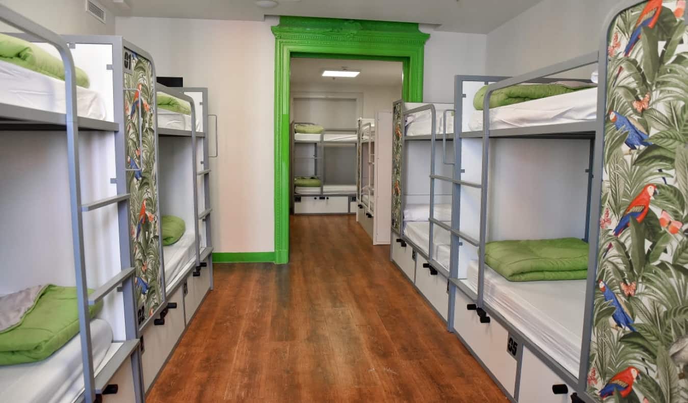 Basic metal bunk beds at Cats Hostel in Madrid, Spain.