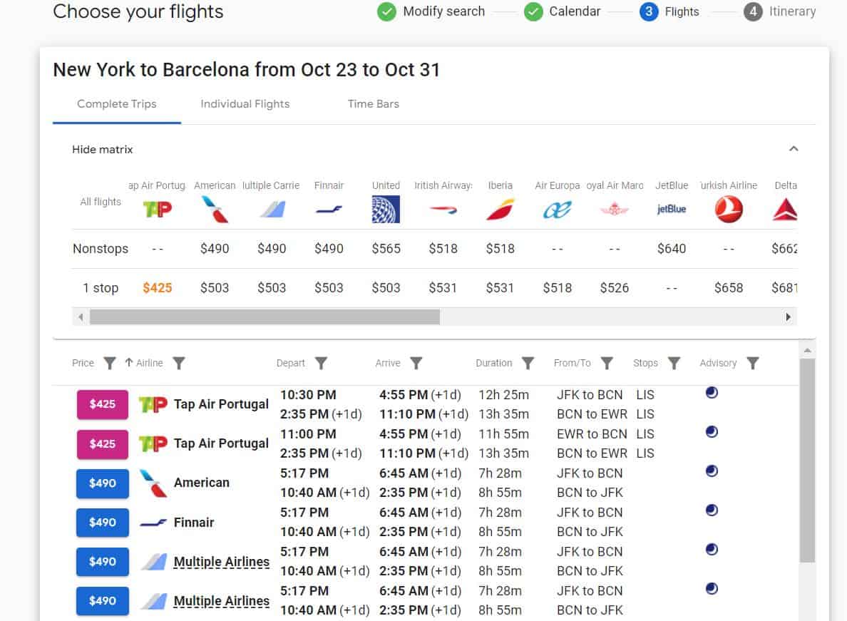 Screenshot of a list of flights from NYC to Barcelona on the ITA Matrix website, with durations, prices, and airlines.